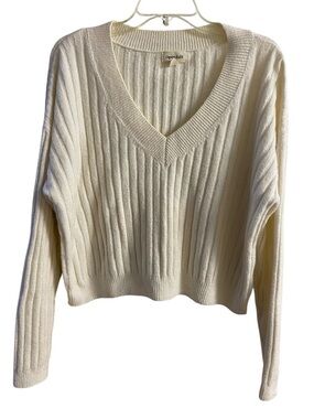 Open Edit Cream Rib Knit V-Neck Sweater wool blend boxy Medium